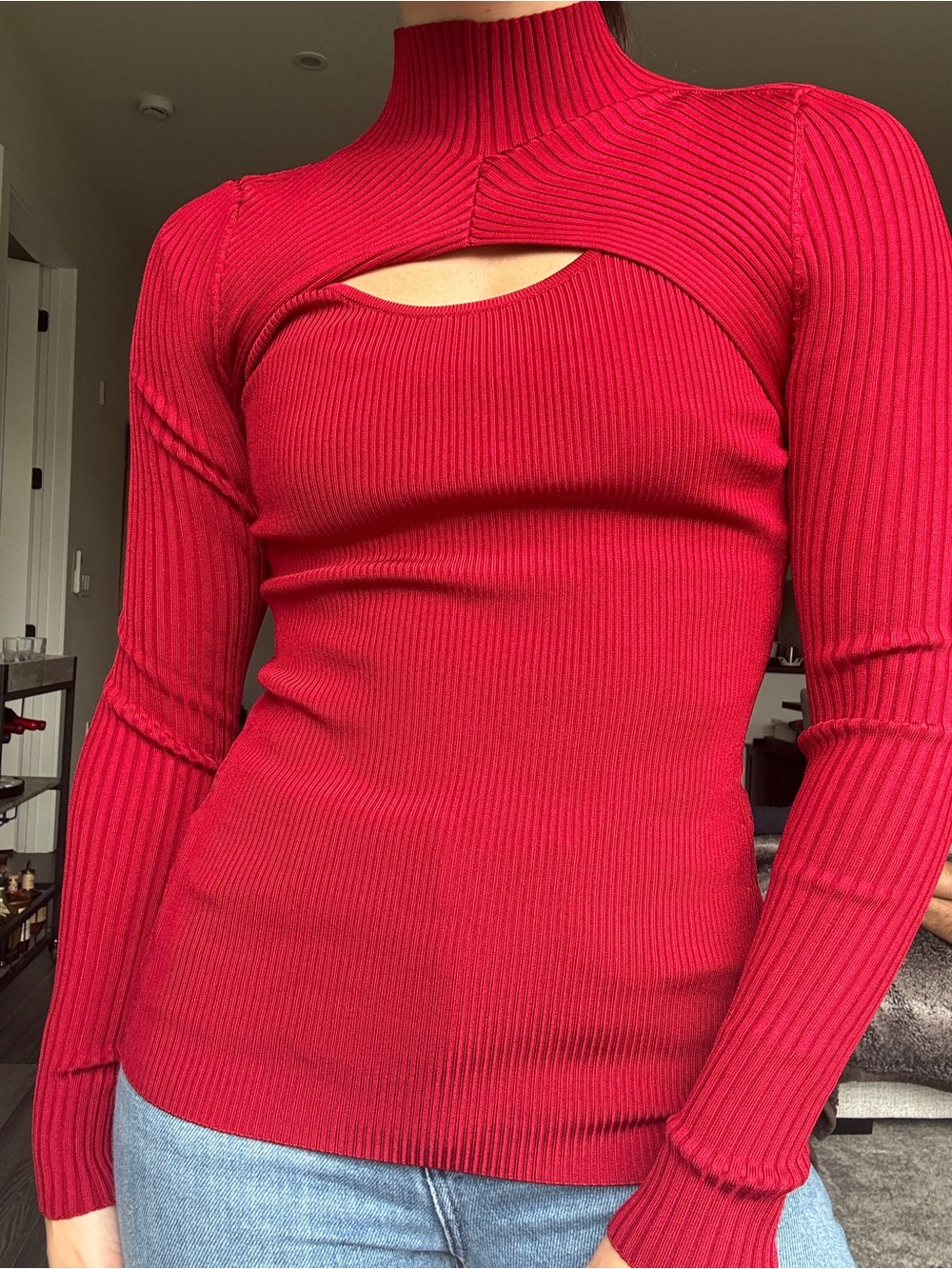 White House Black Market Red Ribbed Cutout Mock Neck Long-Sleeve Top
